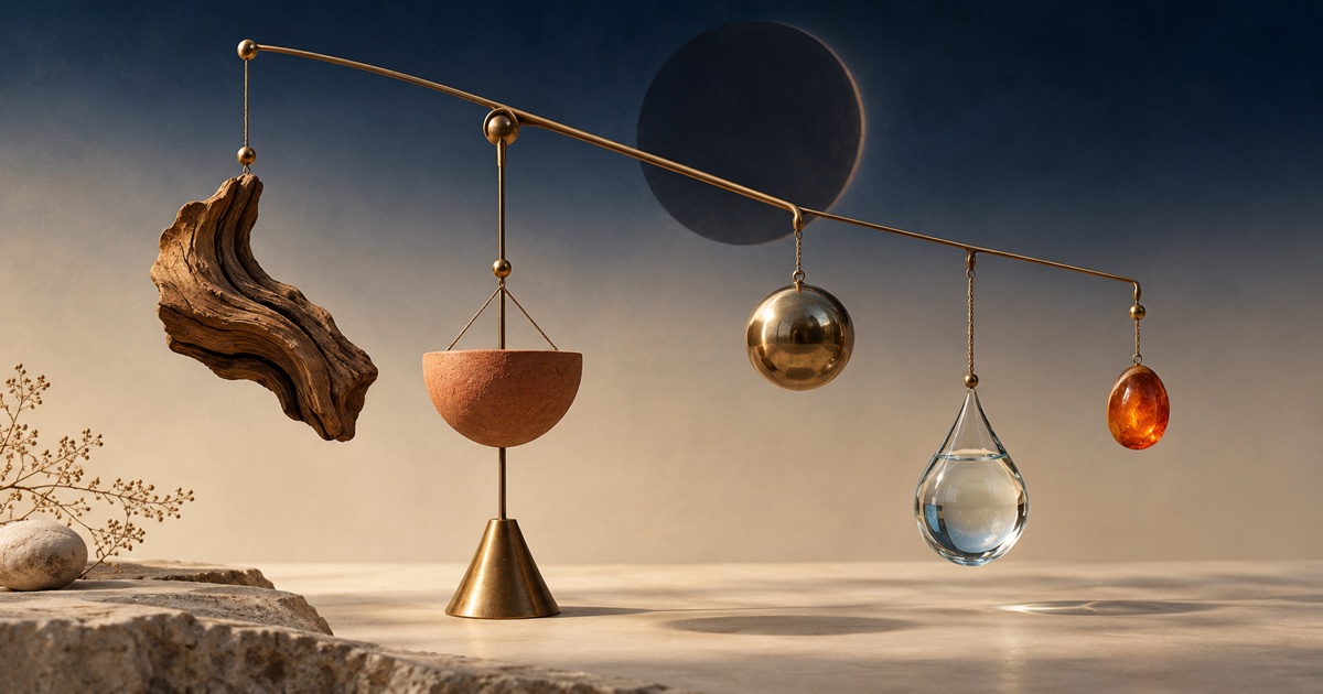 A brass balance mobile hanging wood, clay, metal, water and amber beneath a new moon